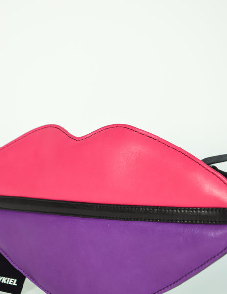Sonia Rykiel Vintage Pink Purple Black Leather Lips Crossbody Clutch Bag