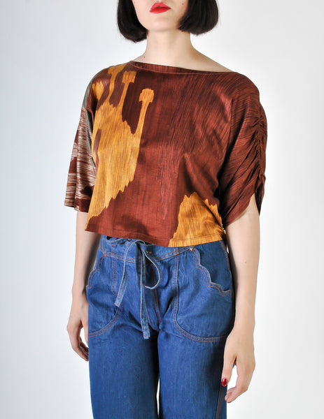 Spazio Vintage Brown Graphic Patterned Cropped Top