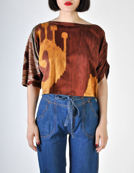 Spazio Vintage Brown Graphic Patterned Cropped Top