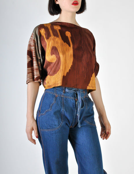 Spazio Vintage Brown Graphic Patterned Cropped Top