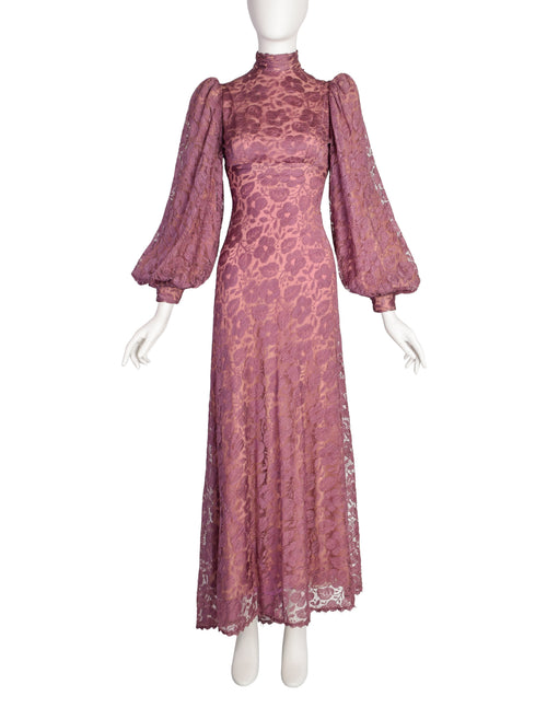 knee length dresses for ladies Stavropoulos Vintage 1970s Purple Mauve Lace Empire Waist Bishop Sleev –  Amarcord Vintage Fashion