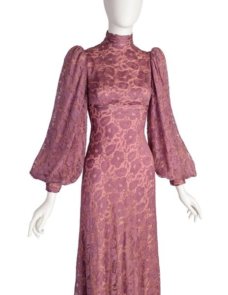 Stavropoulos Vintage 1970s Purple Mauve Lace Empire Waist Bishop Sleeve Dress