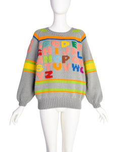 Stewart Ross Vintage 1988 Grey Colorful Alphabet Intarsia Novelty Wool Sweater