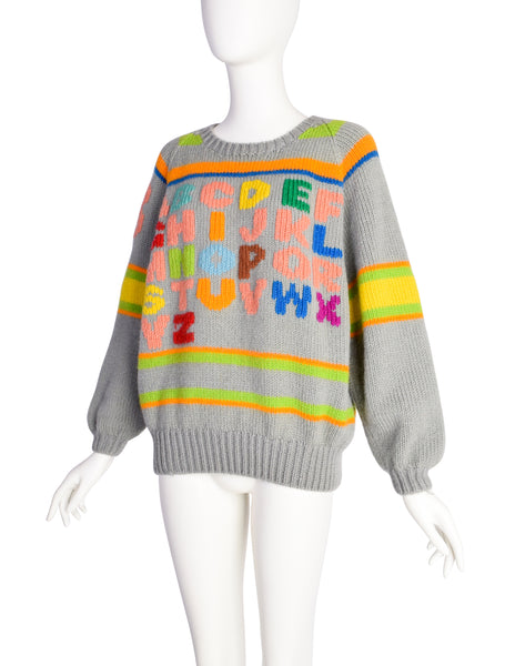 Stewart Ross Vintage 1988 Grey Colorful Alphabet Intarsia Novelty Wool Sweater