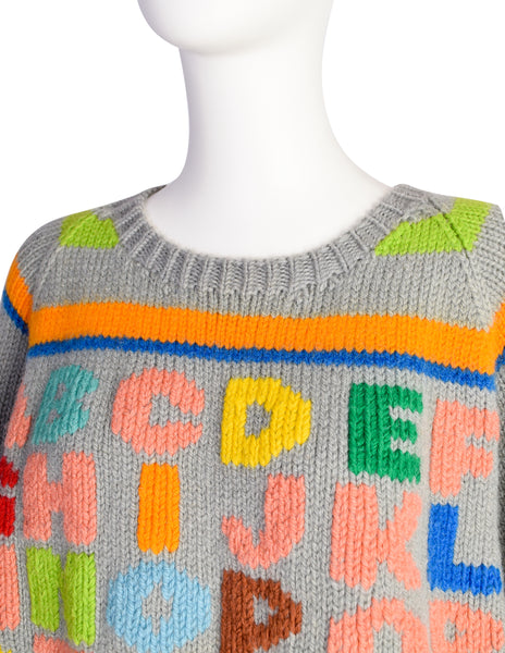 Stewart Ross Vintage 1988 Grey Colorful Alphabet Intarsia Novelty Wool Sweater