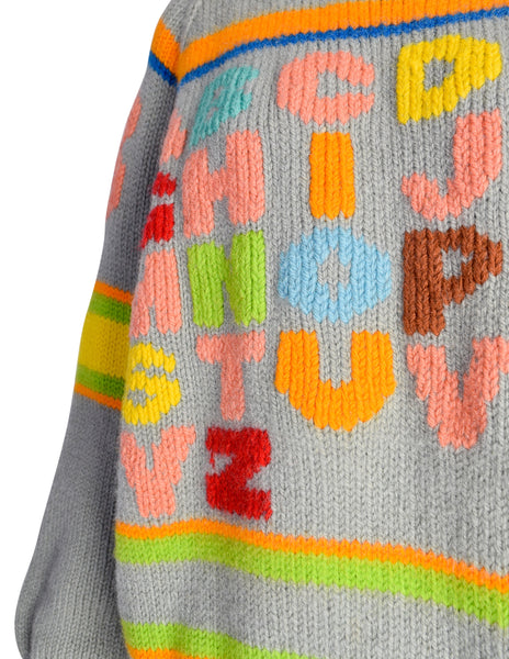 Stewart Ross Vintage 1988 Grey Colorful Alphabet Intarsia Novelty Wool Sweater