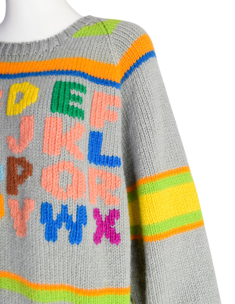 Stewart Ross Vintage 1988 Grey Colorful Alphabet Intarsia Novelty Wool Sweater