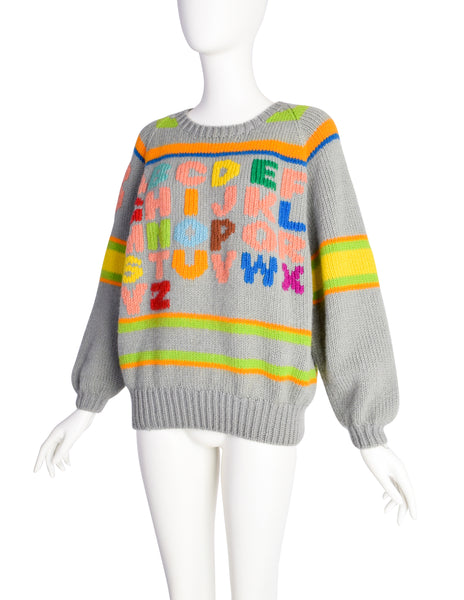 Stewart Ross Vintage 1988 Grey Colorful Alphabet Intarsia Novelty Wool Sweater