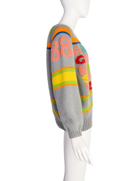 Stewart Ross Vintage 1988 Grey Colorful Alphabet Intarsia Novelty Wool Sweater