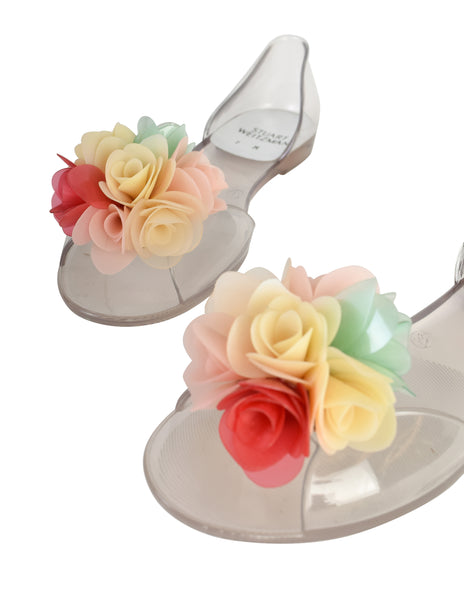 Stuart Weitzman Vintage Pastel Floral Bouquet Clear Flat Peep Toe Jellies Shoes