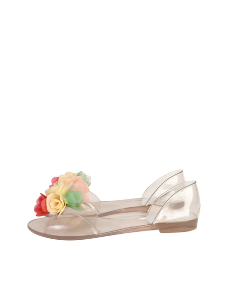 Stuart Weitzman Vintage Pastel Floral Bouquet Clear Flat Peep Toe Jellies Shoes