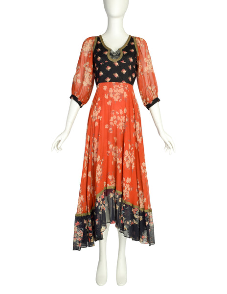 Thea Porter Vintage 1971 Iconic Bohemian Mixed Floral Red Black Full Skirt Dress
