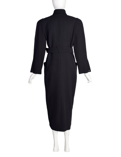 Thierry Mugler Vintage 1980s Black Wool Belted Shirt Dress