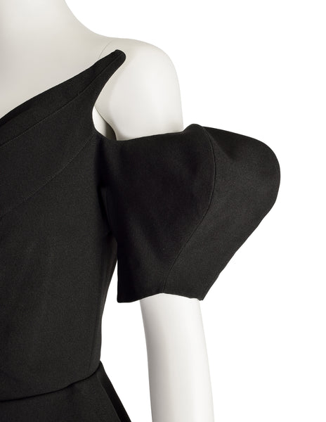 Thierry Mugler Vintage 1990 Black Crepe Vamp Corset Peplum Structured Wiggle Bat Dress