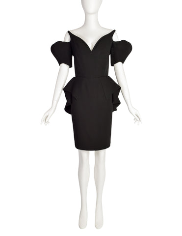 Thierry Mugler Vintage 1990/1991 Black Crepe Vamp Corset Peplum Structured Wiggle Bat Dress