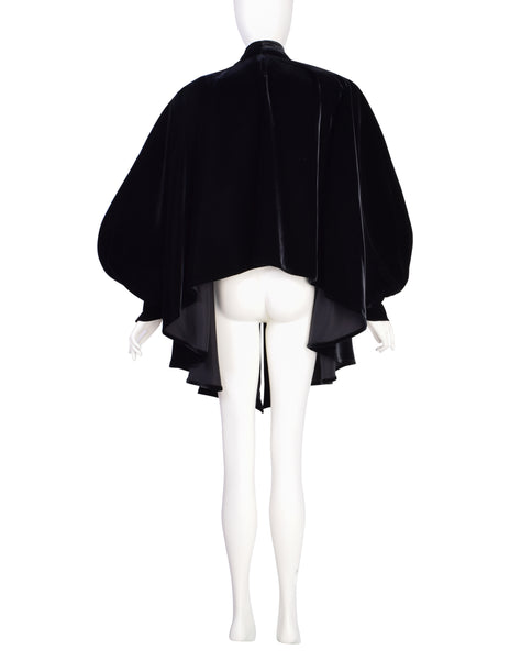 Thierry Mugler Vintage 1980s Black Velvet Draping High Low Dramatic Sleeve Coat