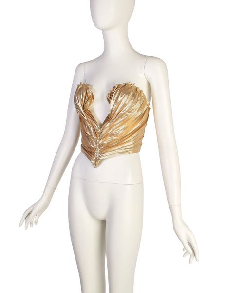Thierry Mugler Vintage 1985-86 ICONIC 'Benitier Plisse' Gold Pleated Silk Lame Bustier Top