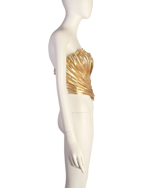 Thierry Mugler Vintage 1985-86 ICONIC 'Benitier Plisse' Gold Pleated Silk Lame Bustier Top