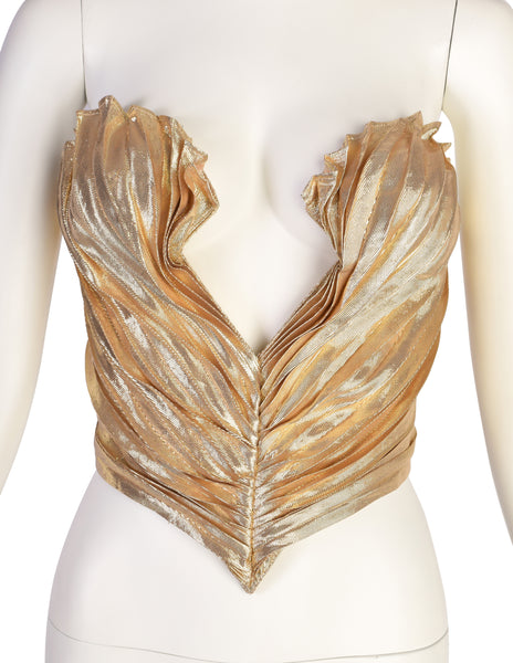 Thierry Mugler Vintage 1985-86 ICONIC 'Benitier Plisse' Gold Pleated Silk Lame Bustier Top