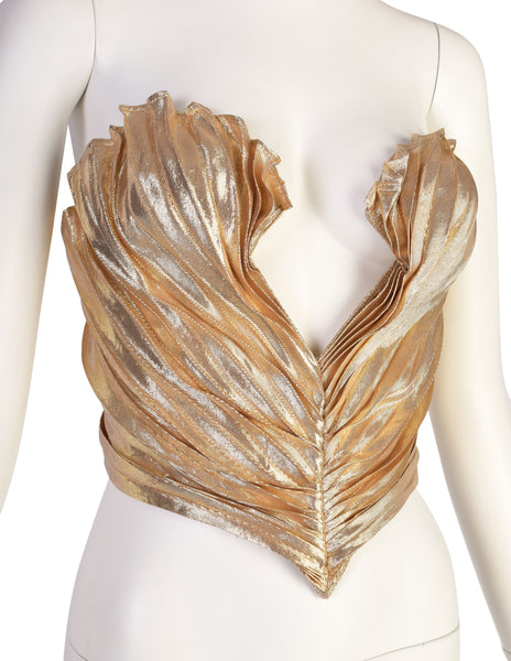 Thierry Mugler Vintage 1985-86 ICONIC 'Benitier Plisse' Gold Pleated Silk Lame Bustier Top