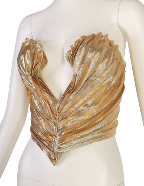Thierry Mugler Vintage 1985-86 ICONIC 'Benitier Plisse' Gold Pleated Silk Lame Bustier Top