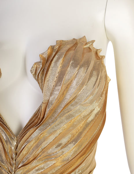 Thierry Mugler Vintage 1985-86 ICONIC 'Benitier Plisse' Gold Pleated Silk Lame Bustier Top