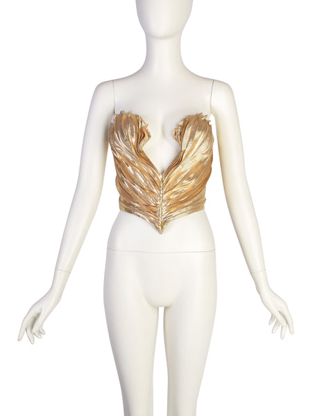 Thierry Mugler Vintage 1985-86 ICONIC 'Benitier Plisse' Gold Pleated Silk Lame Bustier Top
