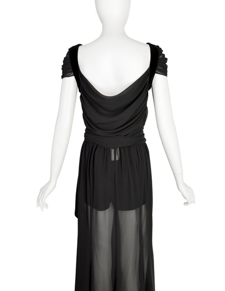 Thierry Mugler Vintage Black Sheer Georgette Velvet Draping Goddess Gown with Matching Hot Pants
