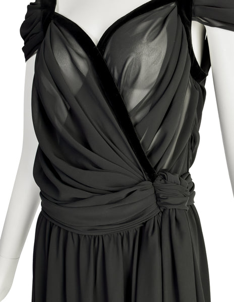 Thierry Mugler Vintage Black Sheer Georgette Velvet Draping Goddess Gown with Matching Hot Pants