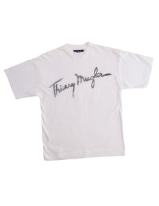 Thierry Mugler Vintage Metallic Silver Namesake Signature White T-Shirt