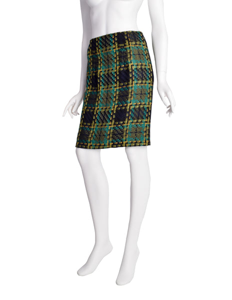 Todd Oldham Vintage AW 1996 Green and Yellow Plaid Woven Wool Pencil Skirt