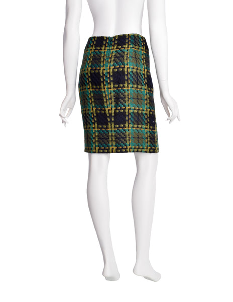 Todd Oldham Vintage AW 1996 Green and Yellow Plaid Woven Wool Pencil Skirt