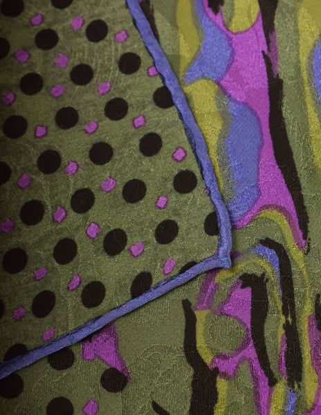 Ungaro Vintage Green Purple Black Abstract Print Oversized Silk Jacquard Pareo Sarong Wrap Scarf