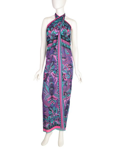 Ungaro Vintage Purple Pink Green Black Floral Foliage Print Oversized Cotton Pareo Sarong Wrap Scarf