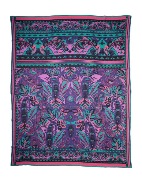 Ungaro Vintage Purple Pink Green Black Floral Foliage Print Oversized Cotton Pareo Sarong Wrap Scarf