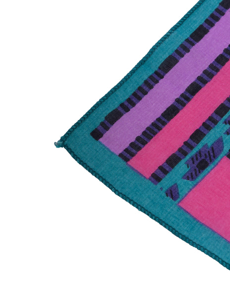 Ungaro Vintage Purple Pink Green Black Floral Foliage Print Oversized Cotton Pareo Sarong Wrap Scarf
