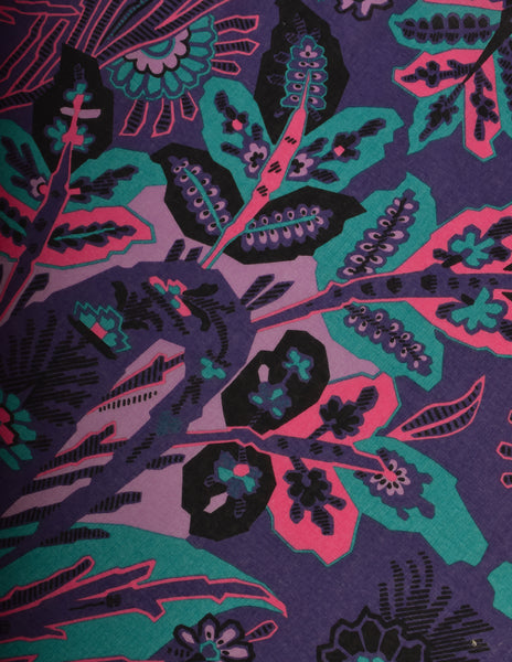 Ungaro Vintage Purple Pink Green Black Floral Foliage Print Oversized Cotton Pareo Sarong Wrap Scarf