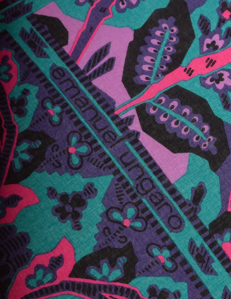 Ungaro Vintage Purple Pink Green Black Floral Foliage Print Oversized Cotton Pareo Sarong Wrap Scarf