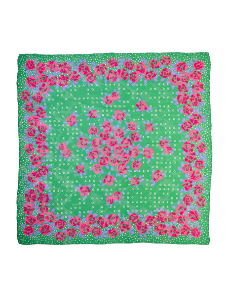 Ungaro Vintage 1980s Green Pink Namesake Rose Floral Jacquard Silk Scarf