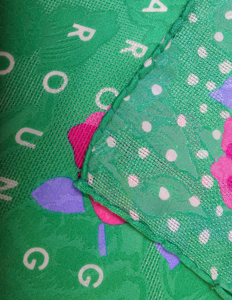 Ungaro Vintage 1980s Green Pink Namesake Rose Floral Jacquard Silk Scarf