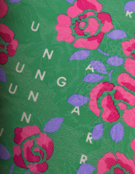 Ungaro Vintage 1980s Green Pink Namesake Rose Floral Jacquard Silk Scarf