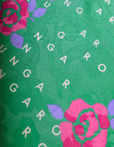 Ungaro Vintage 1980s Green Pink Namesake Rose Floral Jacquard Silk Scarf