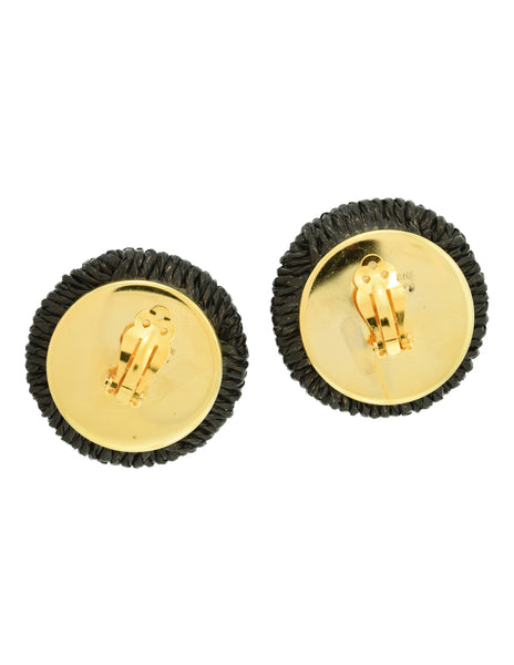 Ugo Correani Vintage 1980s Huge Oversized Black Woven Raffia Dome Earrings