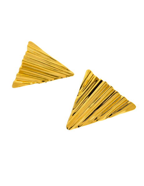 Ugo Correani Vintage 1980s Large Shiny Gold Wavy Triangle Earrings
