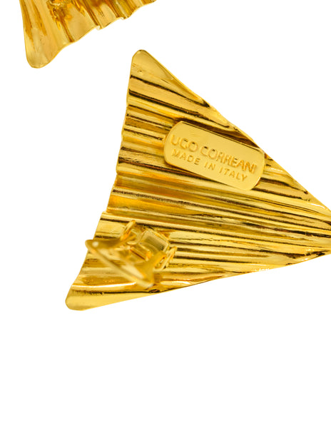 Ugo Correani Vintage 1980s Large Shiny Gold Wavy Triangle Earrings