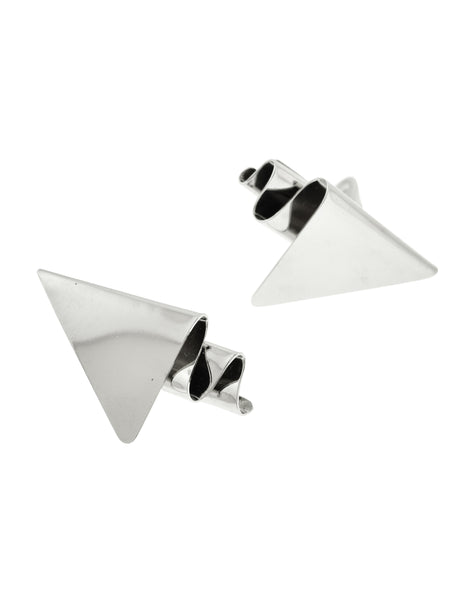 Ugo Correani Vintage 1980s Shiny Silver Folded Ribbon Triangle Earrings