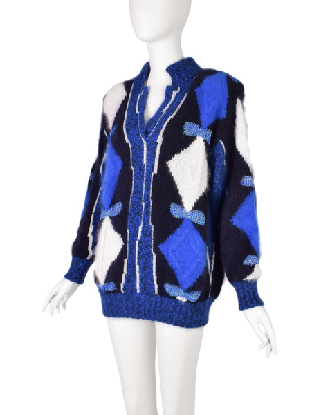 Umberto Ginocchietti Vintage Angora Blue Back White Diamond Intarsia Knit Sweater