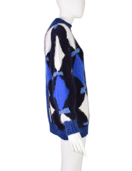 Umberto Ginocchietti Vintage Angora Blue Back White Diamond Intarsia Knit Sweater