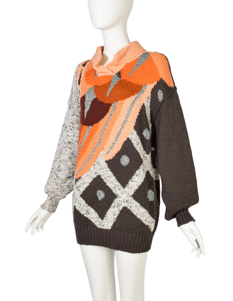 Umberto Ginocchietti Vintage 1980s Orange Grey Brown Silver Graphic Intarsia Knit Wool Sweater