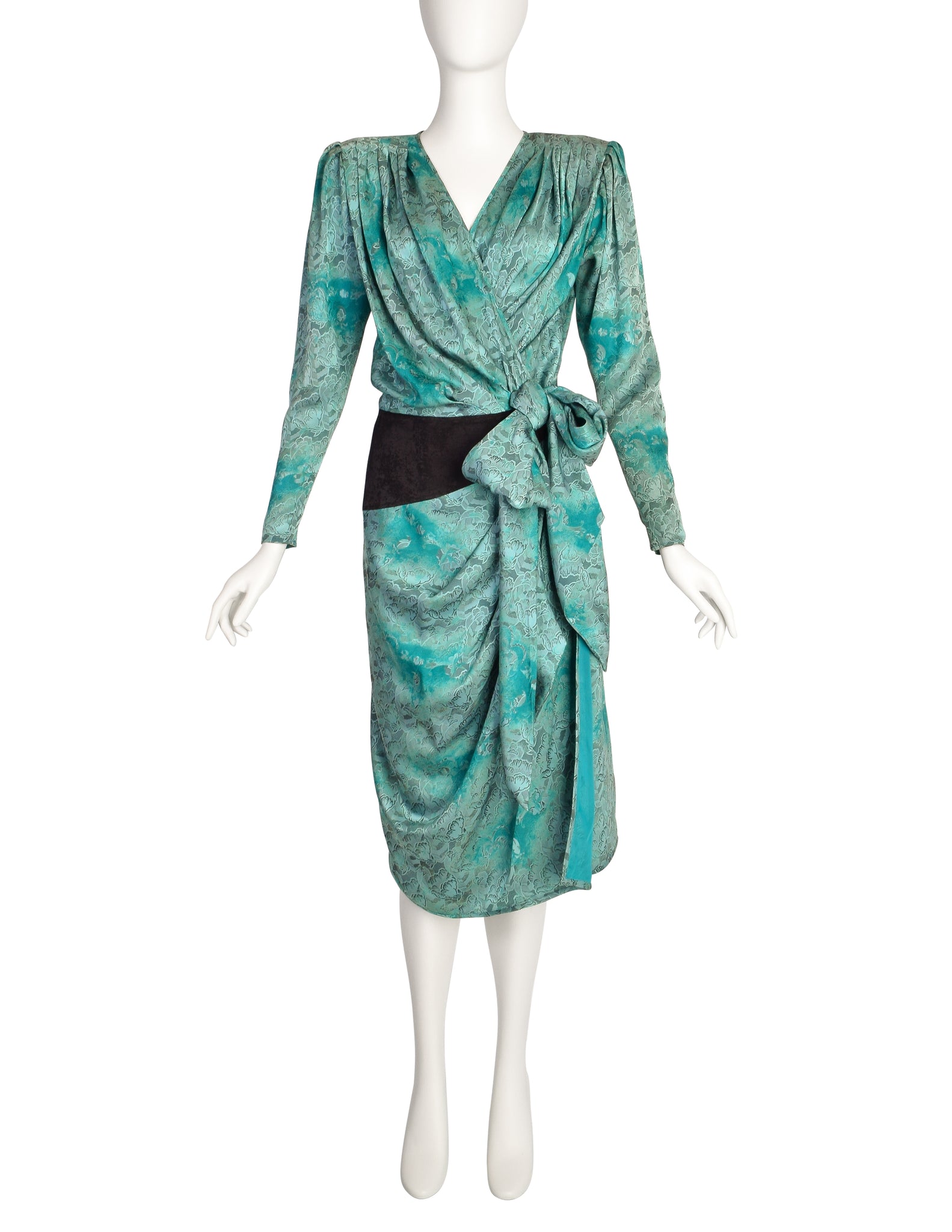 Emanuel Ungaro Vintage AW 1985 Mint Turquoise Black Floral Silk Jacquard Draped Wrap Dress